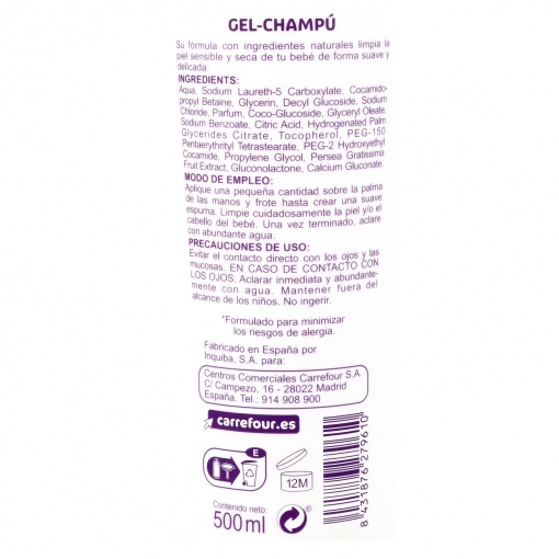 Gel - Champú para bebé atopic protect aceite de aguacate Carrefour My Baby 500 ml.