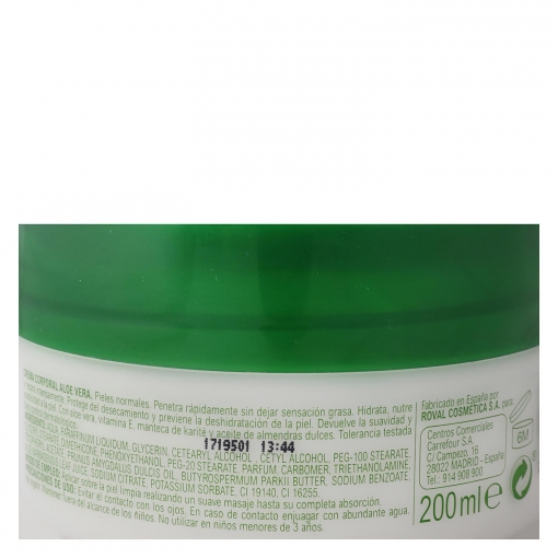 Crema corporal Aloe Vera pieles normales Carrefour 200 ml.