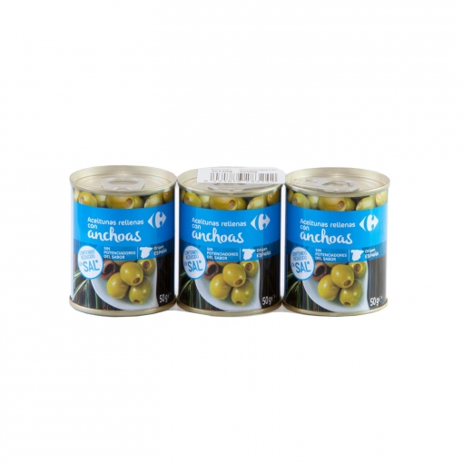 Aceitunas verdes rellenas de anchoa reducido en sal Carrefour pack de 3 latas de 50 g