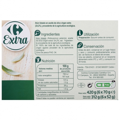 Atún en aceite de oliva virgen extra ecológico Carrefour pack de 6 latas de 52 g.