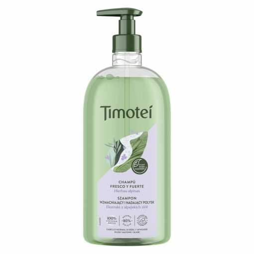 Champú fresco y fuerte para cabello débil y pagado con extracto de hierbas alpinas Timotei 750 ml.