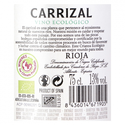 Vino tinto crianza ecológico Carrizal D.O.Ca Rioja 75 cl.