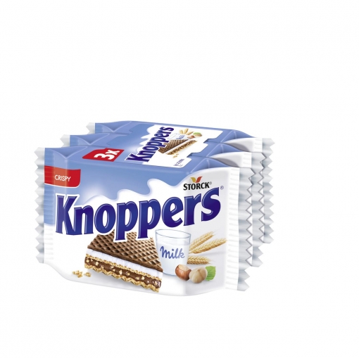 Barquillos rellenos de crema con leche y crema con praliné y cubierta al cacao Knoppers 3 unidades de 25 g.