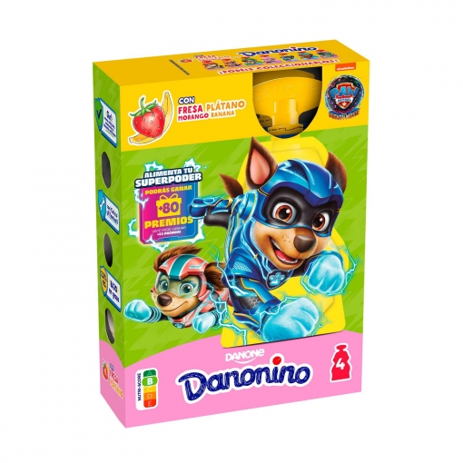 Yogur líquido de fresa y plátano Danone Danonino pack de 4 bolsitas de 70 g.