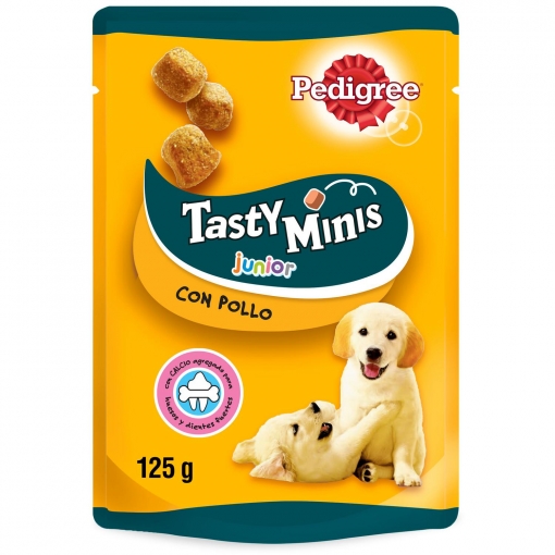 Snacks de pollo para perros cachorros Pedigree Tasty Minis Junior 125 g.