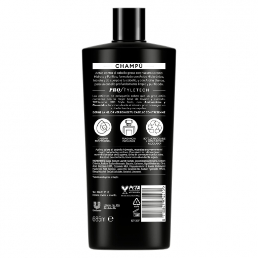 Champú hidrata & purifica con ácido hialurónico & arcilla blanca limpia y purifica el cabello graso e hidrata Tresemmé 685 ml.