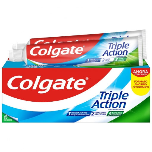 Dentífrico anticaries y frescor a menta Triple Action Colgate pack de 2 unidades de 75 ml.