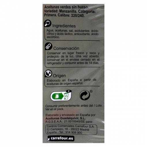 Aceitunas manzanilla sin hueso Carrefour pack de 3 unidades de 75 g.