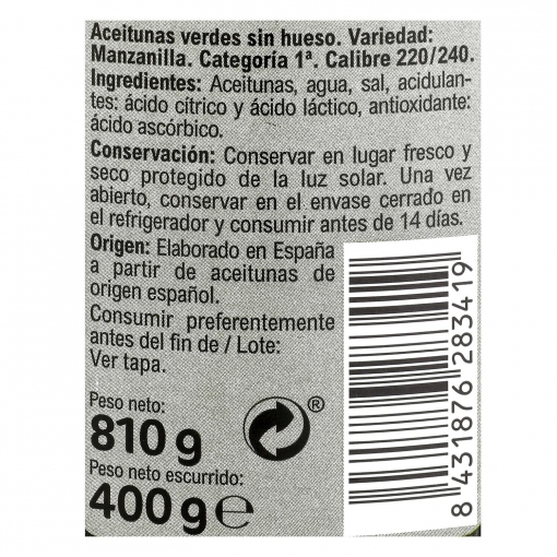 Aceitunas verdes manzanilla sin hueso Carrefour 400 g.