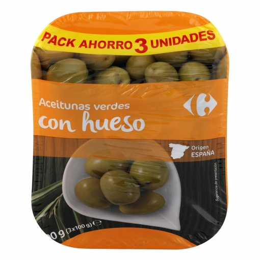 Aceitunas verdes manzanilla con hueso Carrefour pack de 3 bolsas de 100 g.