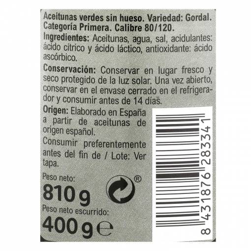 Aceitunas verdes gordal sin hueso Carrefour 400 g.