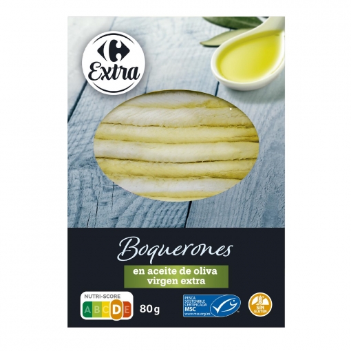 Boquerones en aceite de oliva virgen extra procedente de pesca sostenible Carrefour 80 g.