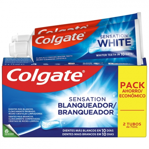 Dentífrico dientes más blancos Sensation Blanqueador Colgate pack de 2 unidades de 75 ml.