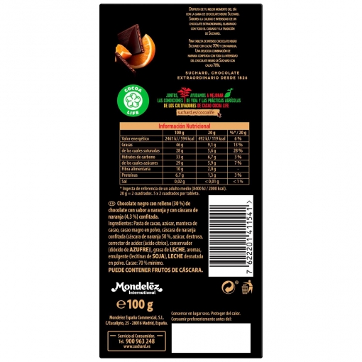 Chocolate negro 70% cacao con naranja Suchard 100 g.