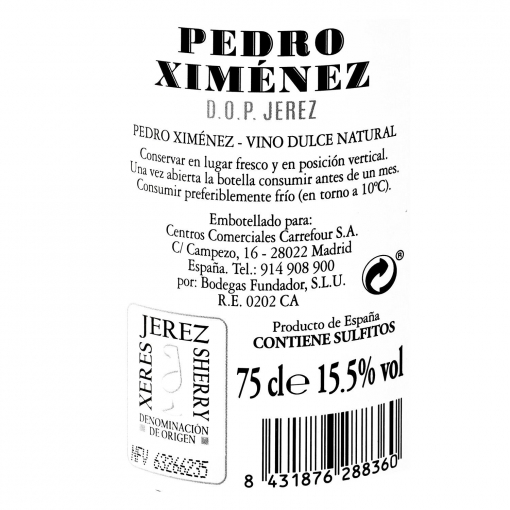 Vino dulce Carrefour Pedro Ximenez D.O.Jerez-Xérés-Sherry 75 cl.