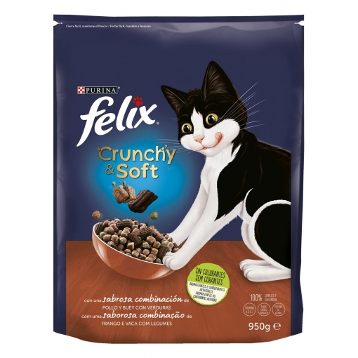 Felix Crunchy & Soft Pienso seco para Gatos 4 Paquetes de 950 g 