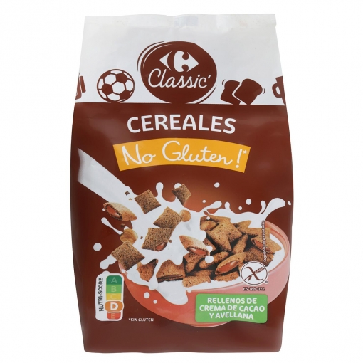 Cereales rellenos de cacao y avellanas Carrefour sin gluten 400 g.