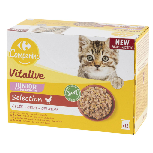 Gelatina selección de pollo para gato junior Vitalive Carrefour 12 sobres de 100 g.