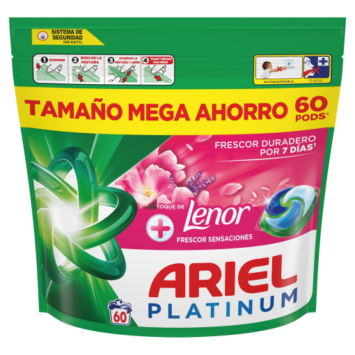 Detergente en cápsulas +toque de Lenor frescor sensaciones Platinum Ariel 60 lavados.