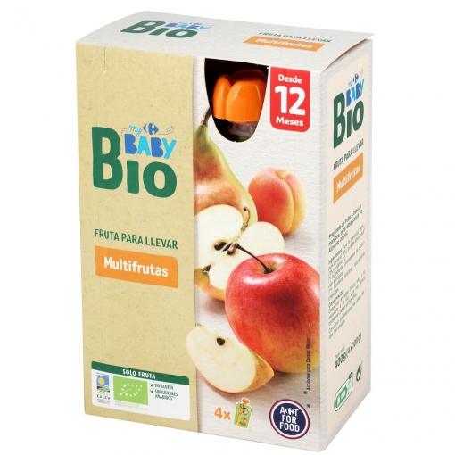 Preparado de multifrutas sin azúcar añadido desde 12 meses ecológico My Carrefour Baby Bio sin gluten pack de 4 bolsitas de 100 g.