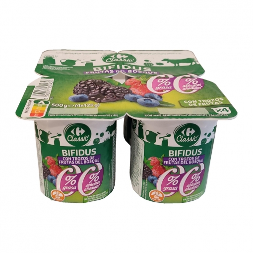 Bífidus desnatado con frutas del bosque Carrefour sin gluten sin azúcar añadido pack de 4 unidades de 125 g.