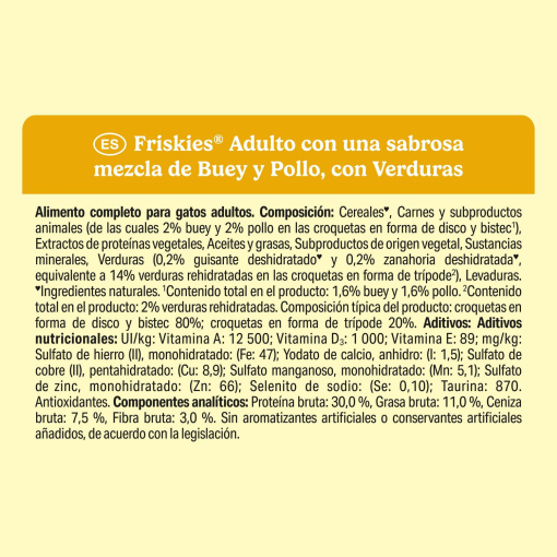Pienso de buey y pollo con verduras para gato adulto Purina Friskies 1,5 kg.