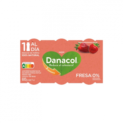 Leche fermentada de fresa sin azúcar añadido Danone Danacol sin gluten pack de 6 unidades de 100 g.