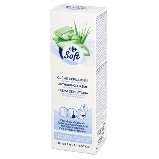 Crema depilatoria con aloe vera y manteca de karité piel sensible Carrefour Soft 200 ml.