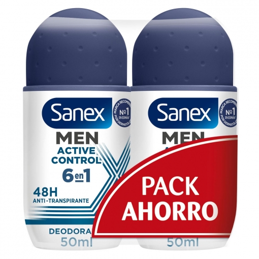 Desodorante roll-on active control 48h antitranspirante Sanex Men pack de 2 unidades 50 ml.