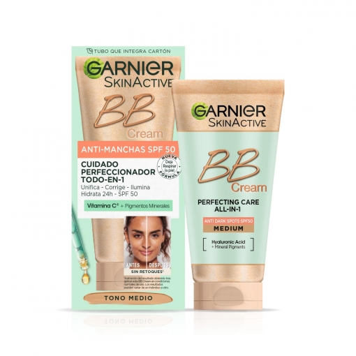 Crema facial BB Cream anti-manchas SPF 50 cuidado perfeccionador todo en uno tono medio Skin Active Garnier 50 ml.