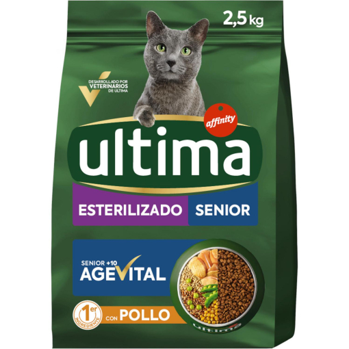 Pienso esterilizado de pollo para gato senior Ultima Cat 2,5 kg.