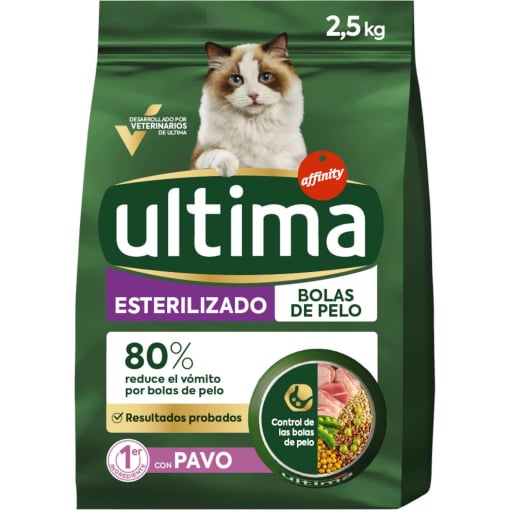 Pienso esterilizado bolas de pelo con pavo para gato adulto Ultima Cat 2,5 kg.