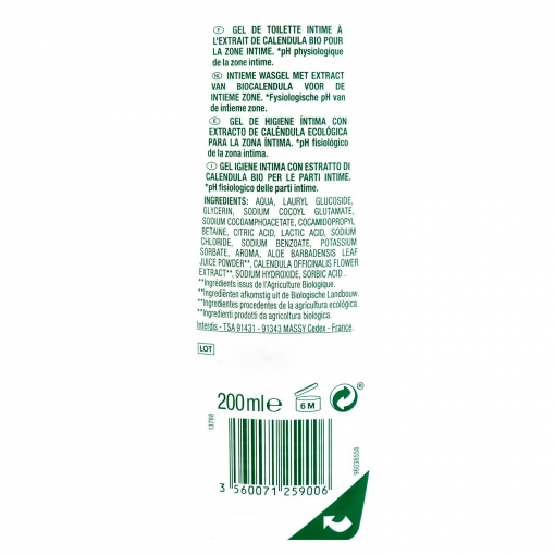 Gel de higiene intima con extracto de caléndula ecológica Carrfour Soft Bio 200 ml.