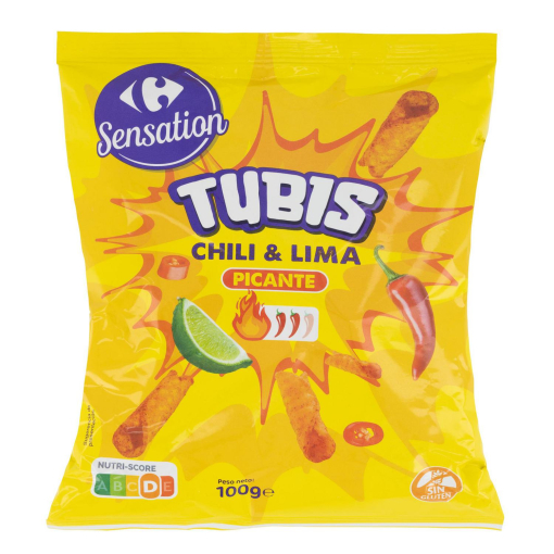 Aperitivo de maíz sabor chili y lima Roll Tubis Sensation Carrefour sin gluten 100 g.