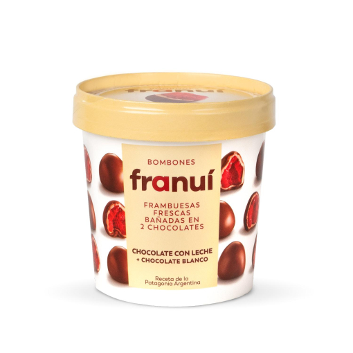 Bombones helados de frambuesa bañada en chocolate blanco y con leche Franui sin gluten 150 g.