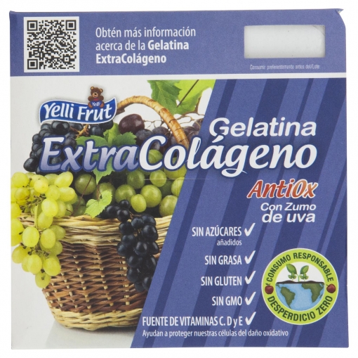 Gelatina extracolágeno antioxidante con zumo de uva sin azúcar añadido Yelli Frut sin gluten pack de 4 unidades de 100 g.