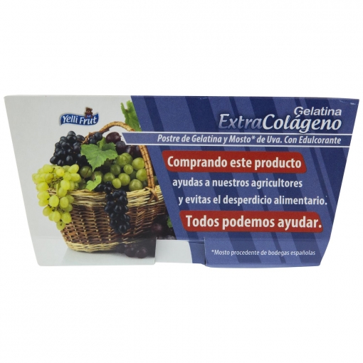 Gelatina extracolágeno antioxidante con zumo de uva sin azúcar añadido Yelli Frut sin gluten pack de 4 unidades de 100 g.