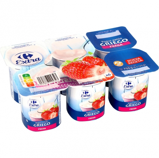 Yogur griego de fresa Carrefour Extra sin gluten pack de 6 unidades de 125 g.