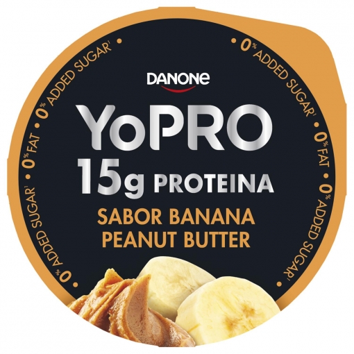 Postre lácteo de proteínas sabor plátano y mantequilla de cacahuete sin azúcar añadido Danone Yopro pack de 2 unidades de 160 g.