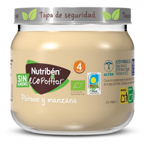 Tarrito de plátano y manzana desde 4 meses ecológico Nutribén EcoPotitos sin gluten 120 g.
