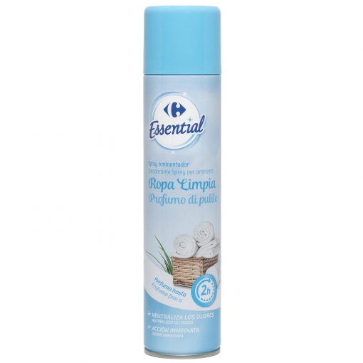 Ambientador spray ropa limpia Essential Carrefour 300 ml.