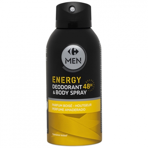 Desodorante body spray energy protección 48h perfume amaderado Carrefour Men 150 ml.