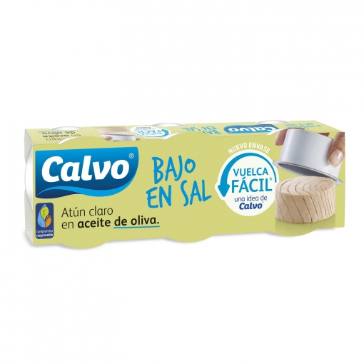Atún claro en aceite de oliva bajo en sal Calvo pack de 3 latas de 65 g.