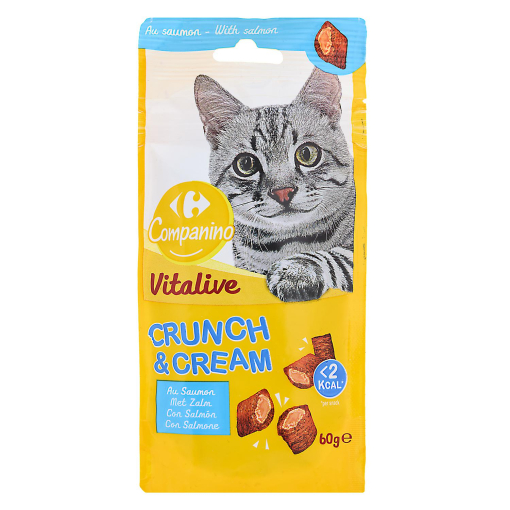 Snack con salmón para gato Vitalive Crunch & Cream Carrefour Companino 60 g.
