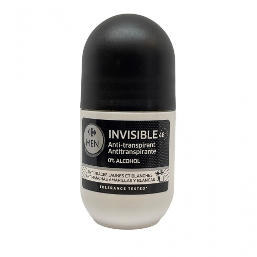 Desodorante roll-on invisible antitranspirante 48h 0% alcohol Carrefour Men 50 ml.