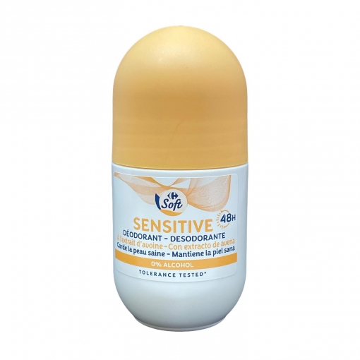 Desodorante roll-on sensitive avena 48h 0% alcohol Carrefour Soft 50 ml.