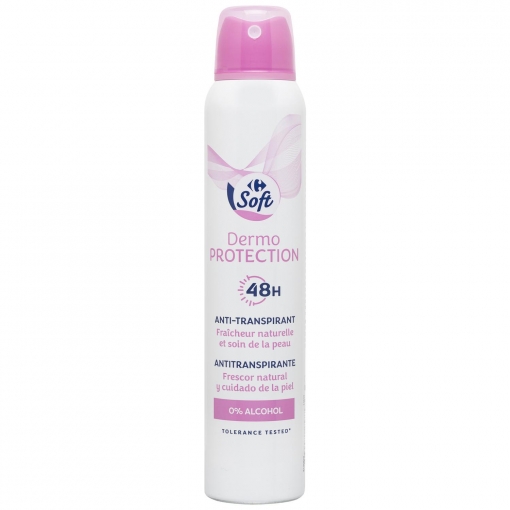 Desodorante en spray dermo protección 48h antitranspirante frescor natural 0% alcohol Carrefour Soft 200 ml.