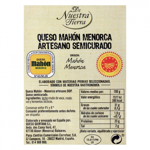 Queso de Mahon-Menorca DOP De Nuestra Tierra cuña 300 g