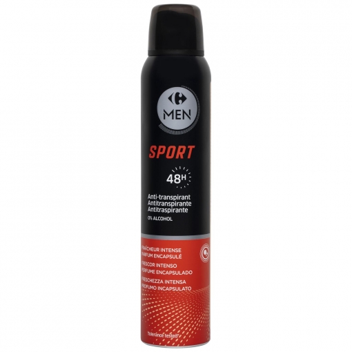 Desodorante en spray sport protección 48h antitranspirante frescor intenso 0% alcohol Carrefour Men 200 ml.