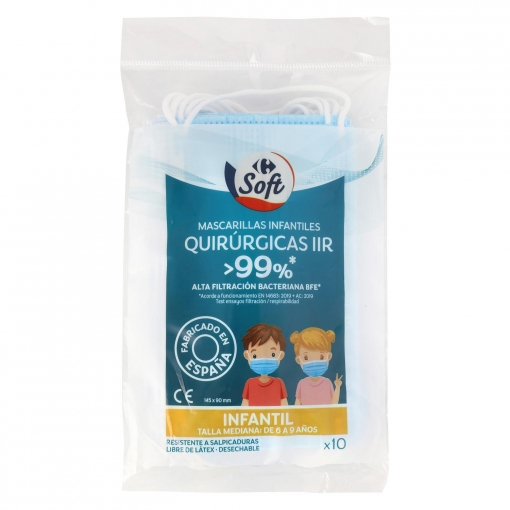 Mascarilla quirúrgica desechable tipo IIR infantiles Soft Carrefour pack de 10 ud.